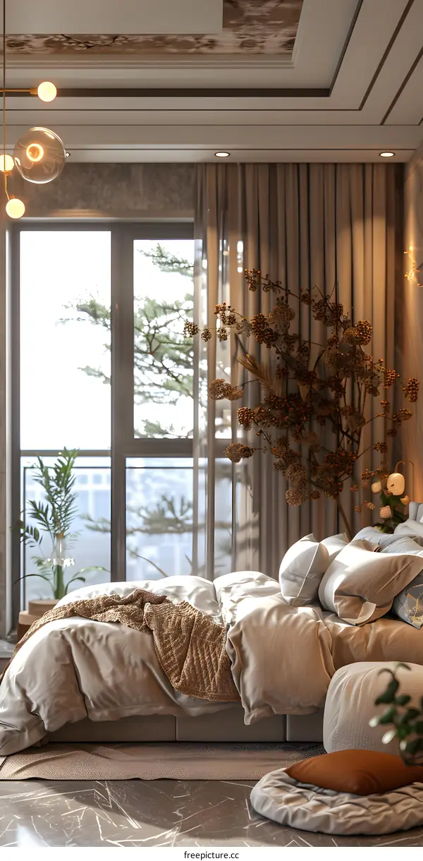 Modern Bedroom with Wooden Floor and Large Window