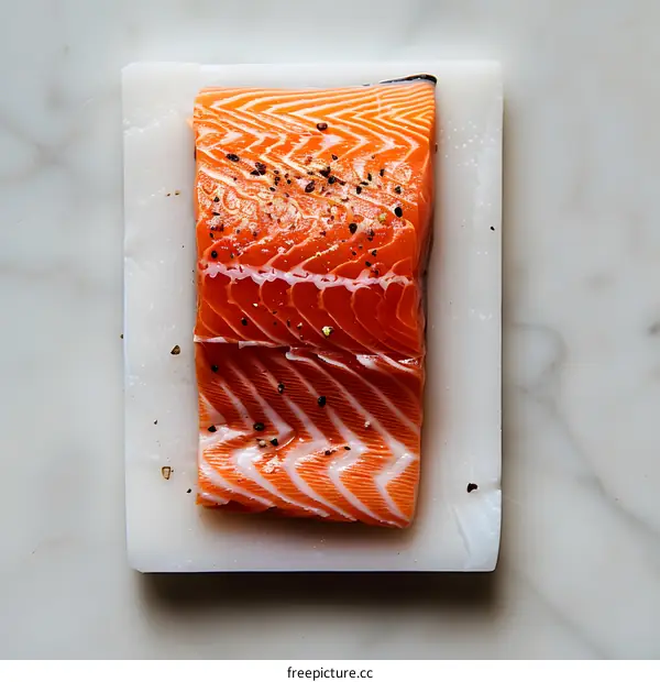 A fillet of salmon on a white marble slab