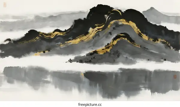 Golden Streaks Winding Through Misty Mountain Peaks and Calm Water
