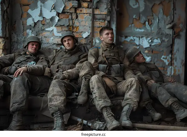 Four soldiers take a break during the battle