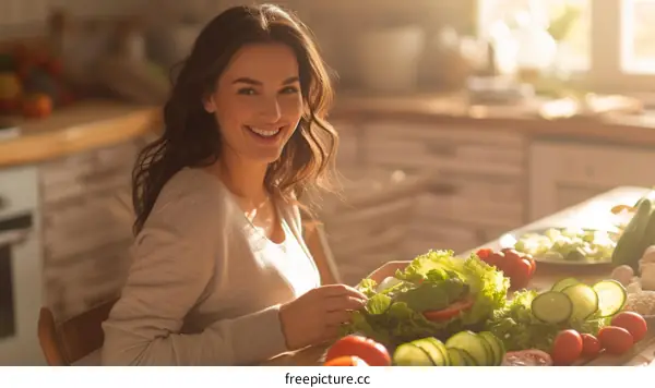 Smiling woman preparing salad in the kitchen