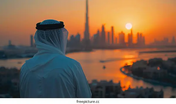 A man in a ghutra and agal looking at the Dubai skyline