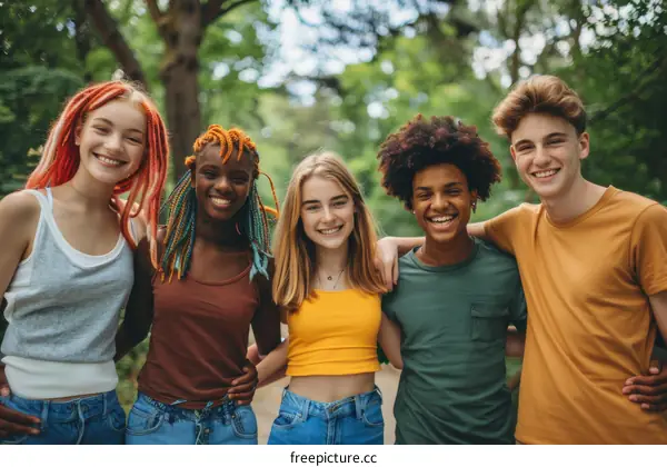 Portrait of a group of diverse teenagers in a park