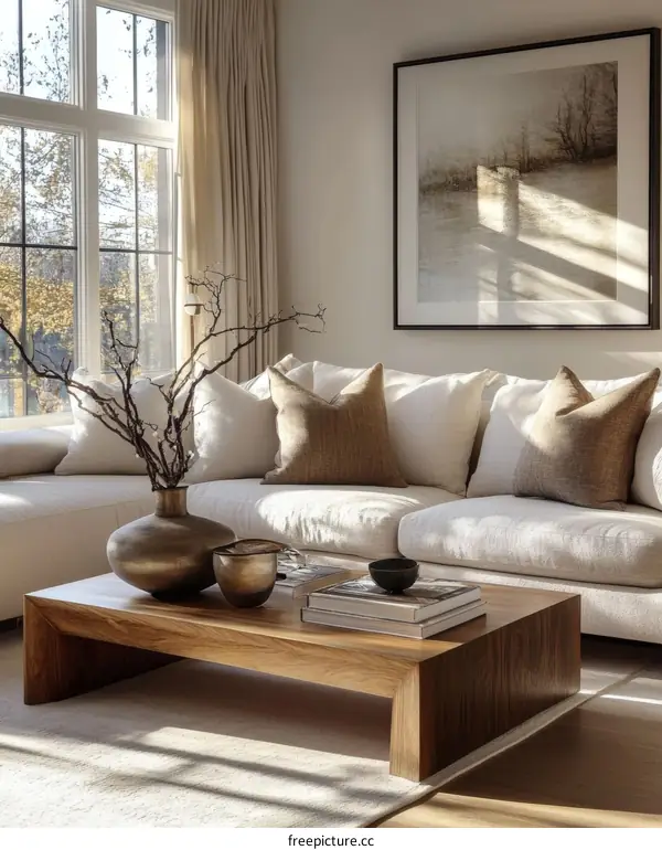 Modern Minimalist Living Room with Wooden Coffee Table