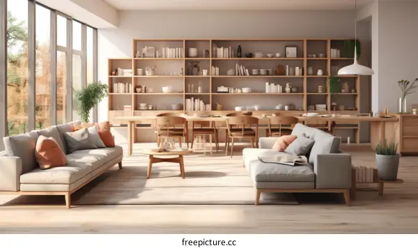 Airy and bright living room with natural materials