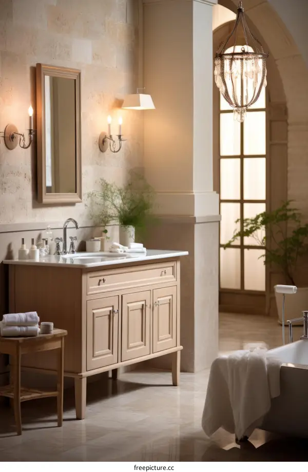 Modern Bathroom With Stone Walls and Mirror