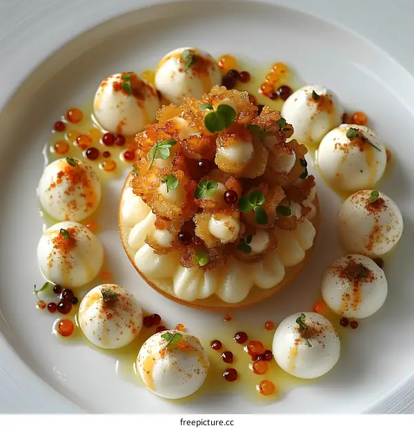 A beautiful food plating of a dessert with edible flowers