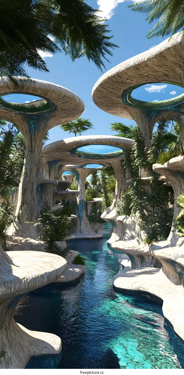 Futuristic Landscape with Stone Arches and Water Stream