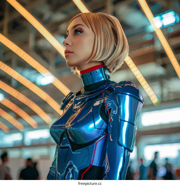 Portrait of a young woman in a blue and silver armored suit