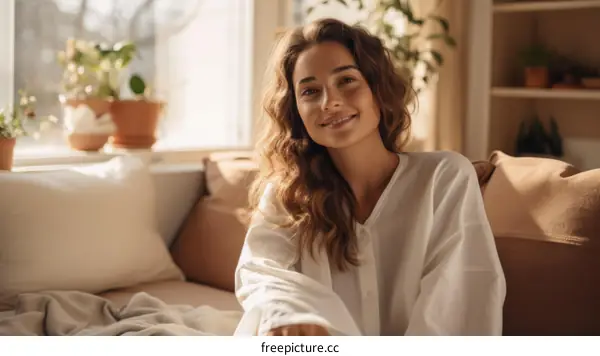 Portrait of a beautiful young woman with curly hair sitting on a couch and smiling
