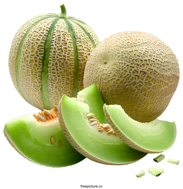 [Transparent Background PNG]Two Whole Cantaloupes and Slices