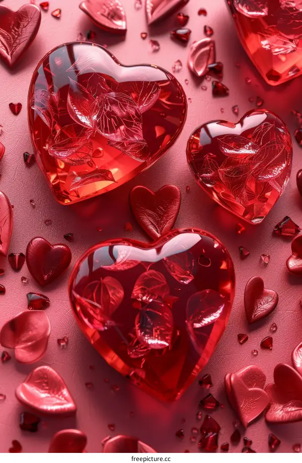 Three Crimson Hearts with Crystal Accents on a Blush Pink Background