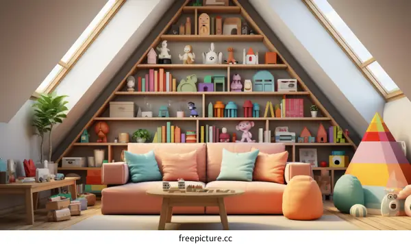 A cozy attic playroom filled with toys and books