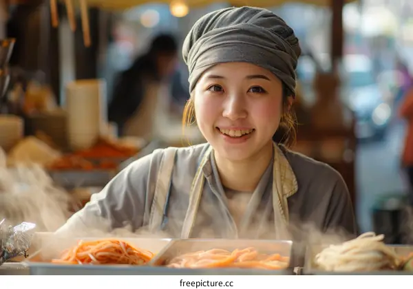 Portrait of a smiling Japanese woman wearing a gray headscarf