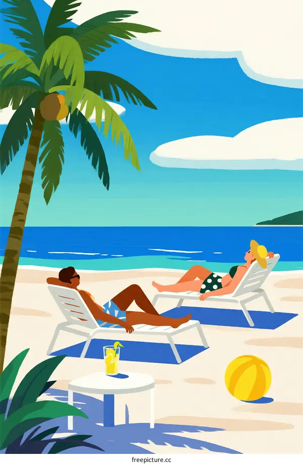 Couple Relaxing on Sun Loungers at Beautiful Beach