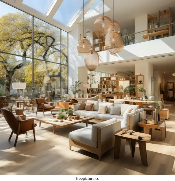 Bright and Airy Living Space With Large Windows and Wooden Furniture