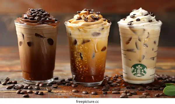 Three glasses of iced coffee with different flavors