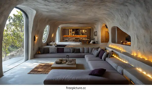 Modern Cave House Living Room with Large Windows