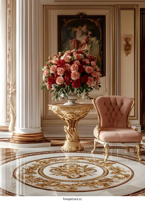 Elegant Interior Design with Gold Accents and a Bouquet of Roses