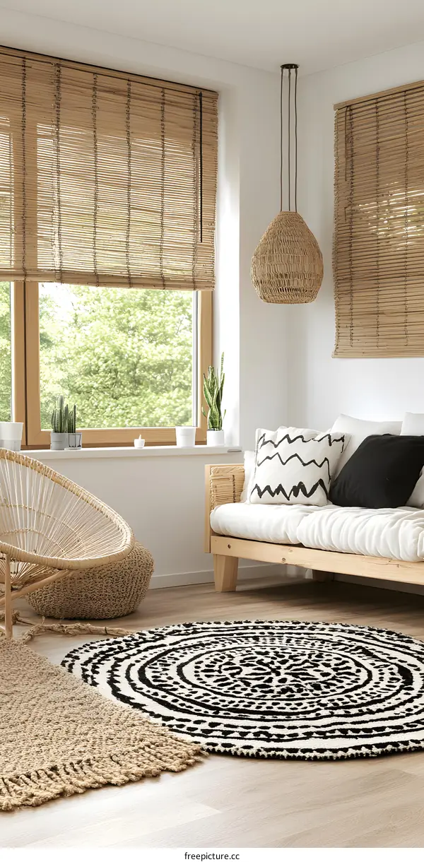 Bohemian Style Living Room With Woven Rug and Natural Light