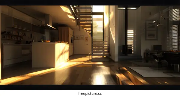 Modern Kitchen and Living Room Interior Design With Sunlight Streaming In