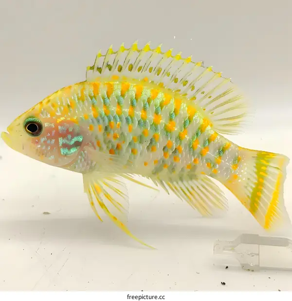 A yellow fish with blue and green spots on its body