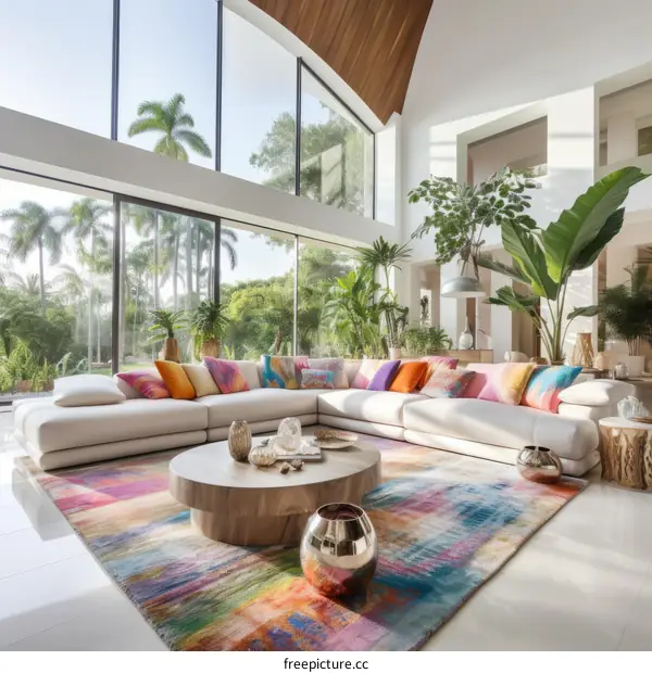A light and airy living room with a large sectional sofa and colorful rug