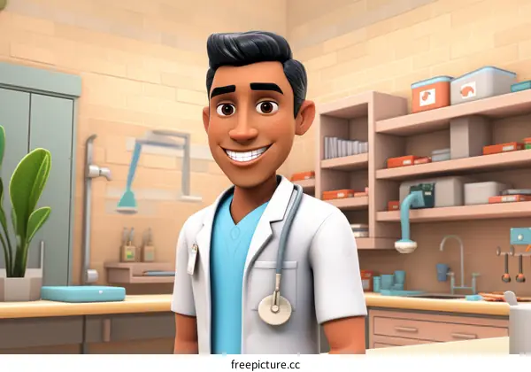 An illustration of a young male veterinarian smiling in a clinic