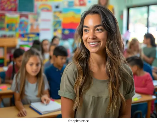 A smiling teacher standing in front of a classroom of students