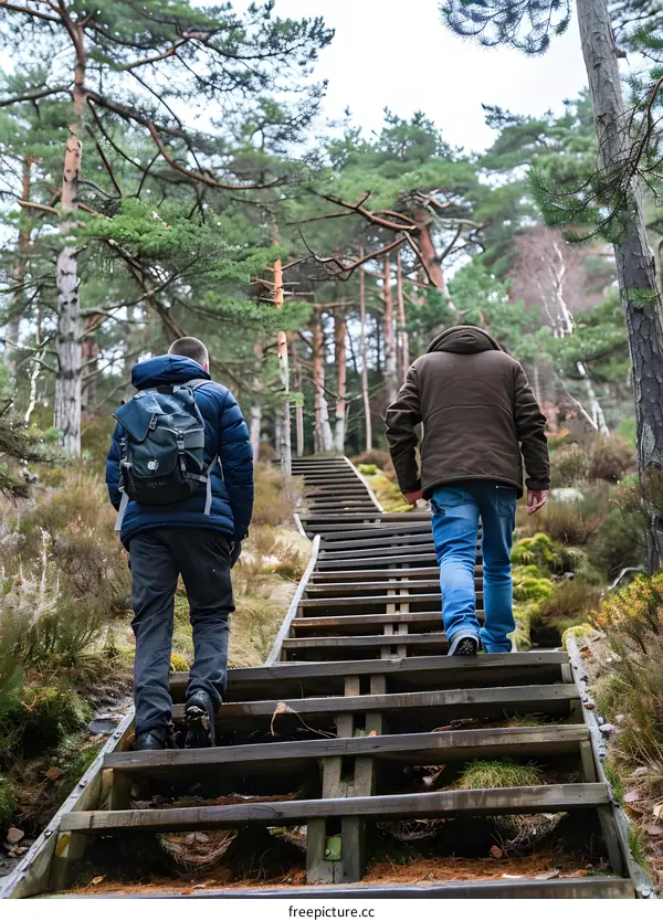 Two Men Hiking Up Wooden Stairs in the Forest