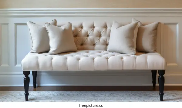Cream Colored Sofa Bench with Decorative Pillows in Elegant Room