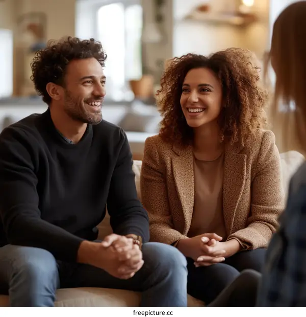 Smiling couple sitting on couch and talking