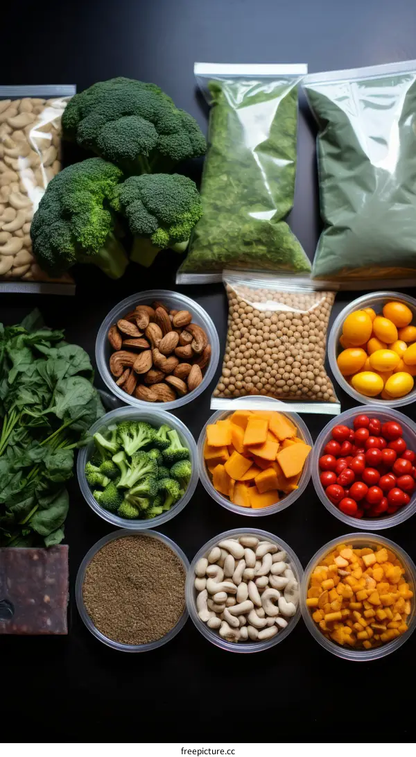A variety of healthy food including broccoli, spinach, nuts, seeds, and fruit