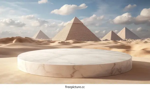 Empty Marble Podium in Desert Landscape with Pyramids