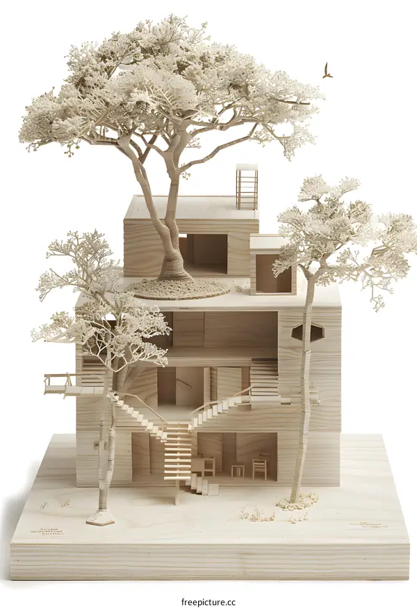 Wooden Model Home Design with Trees