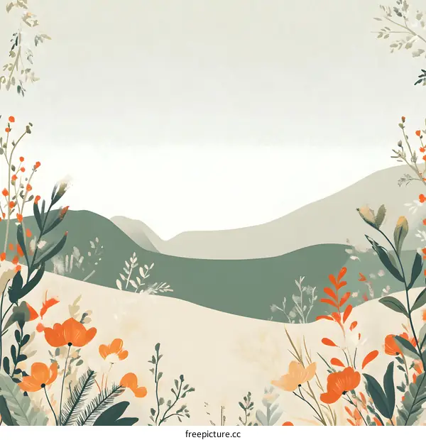 Floral Landscape with Mountains and White Sky