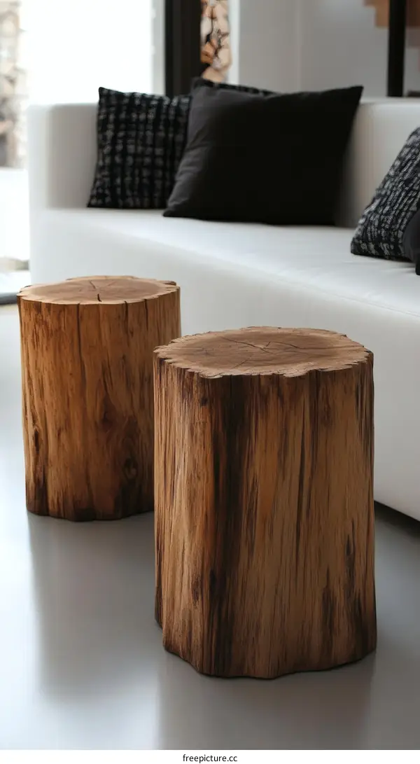 Two Rustic Wooden Stump Tables in a Modern Living Room