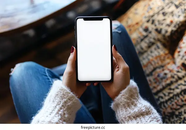 Woman Holding Smartphone in Cozy Cafe Setting