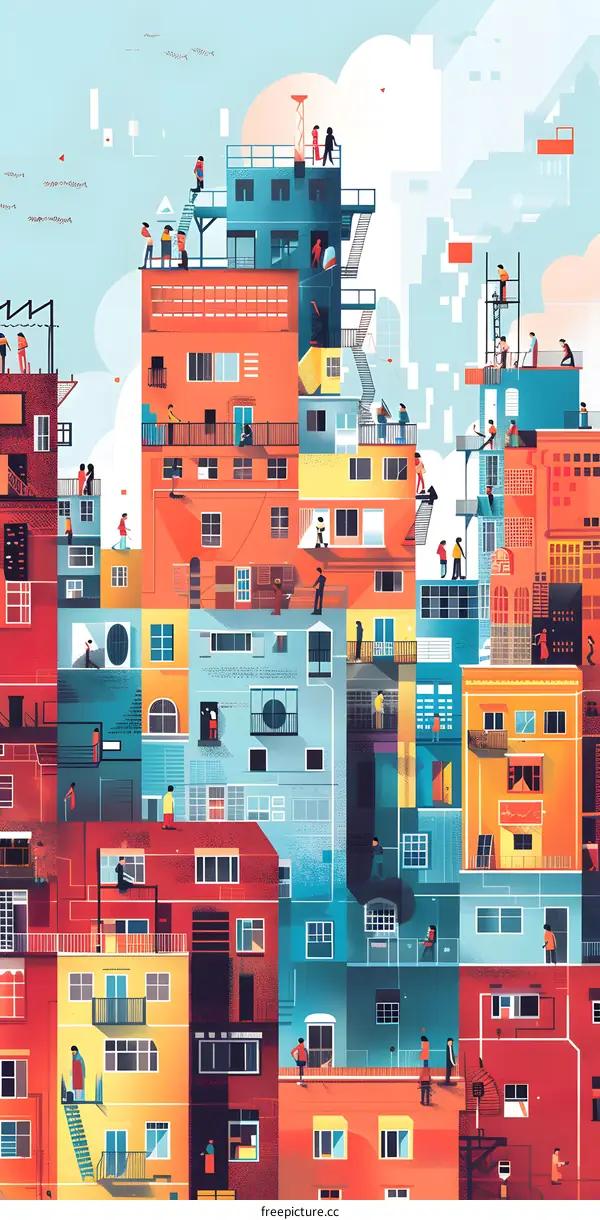 Colorful Illustration of a Cityscape with People on Rooftops