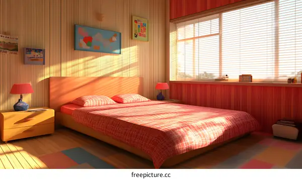 Modern Bedroom Interior Design with Wooden Walls and Orange Bedspread