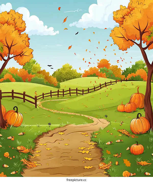 Autumn Landscape With Winding Path and Pumpkins