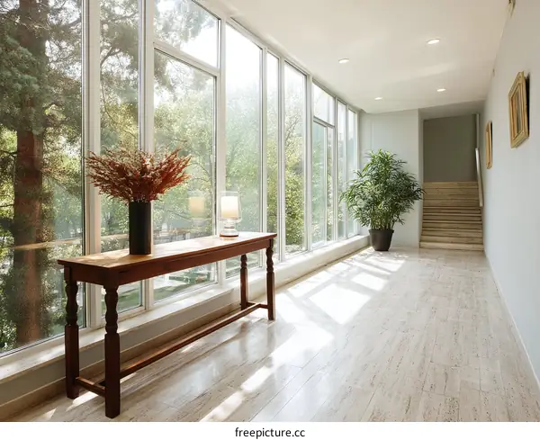 Bright Sunny Interior Hallway with Large Windows