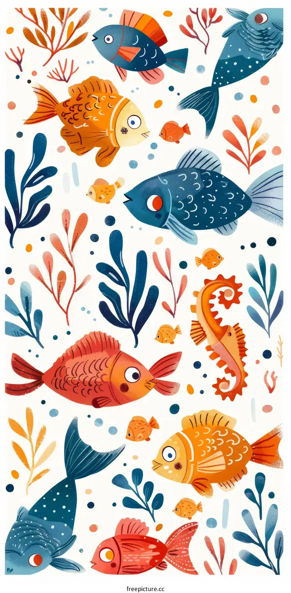 Underwater Scene with Colorful Fishes and Seahorses Swimming Around