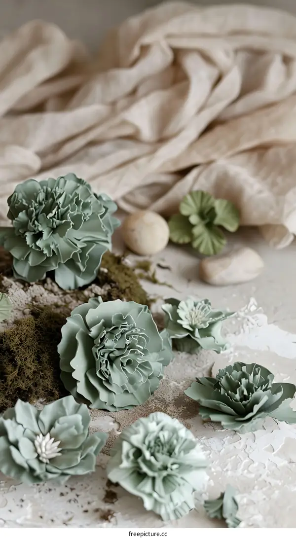Sage Green Flowers on a White and Beige Background