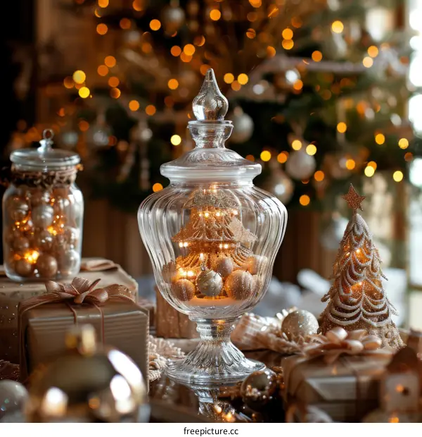 Christmas decorations with a glass jar, fairy lights and a decorated Christmas tree
