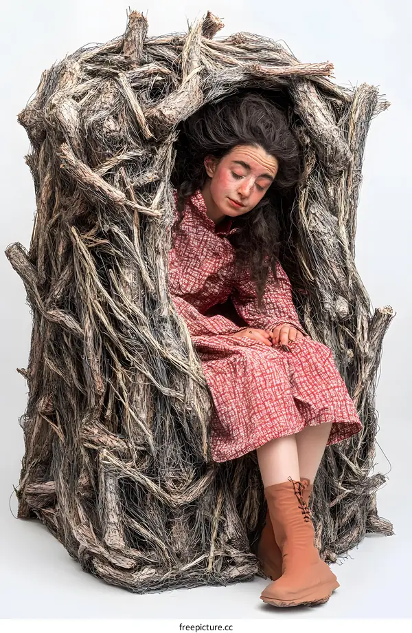 Woman Sitting in a Chair Made of Twigs