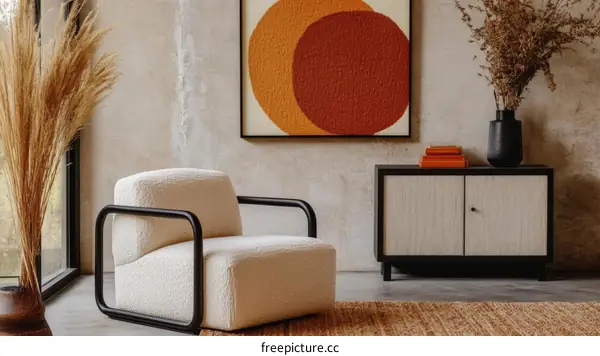 Modern Living Room Decor with Beige Upholstered Chair and Cabinet