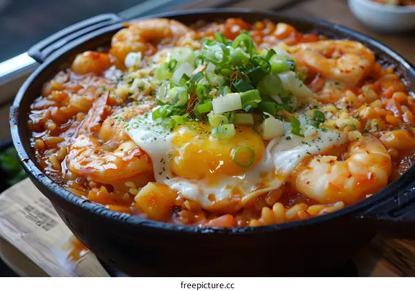 A delicious dish of shrimp and rice with a sunny side egg on top