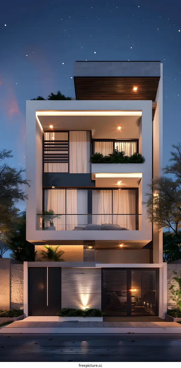 Modern House Design with Balconies and Night Sky