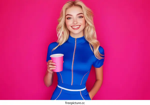 Smiling Blonde Woman in a Blue Sportswear with Pink Cup